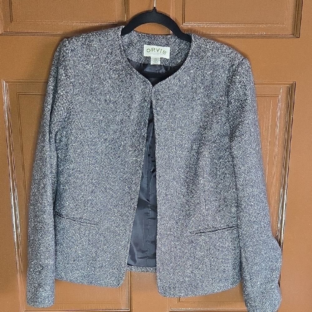 Orvis-Wool blk/white tweed short open front blazer Sz 10